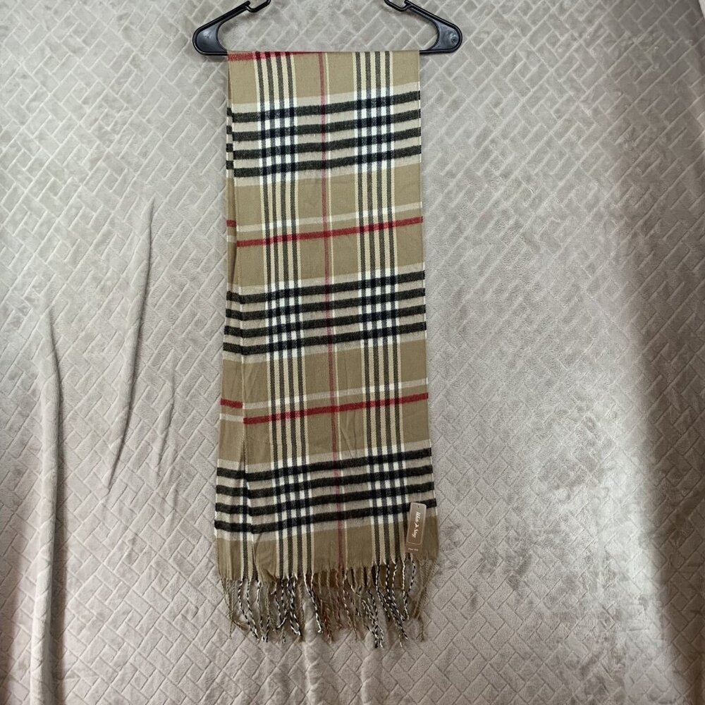 White Stag One Size Scarf Plaid Tan Brown Acrylic with Tassels 64x11 New